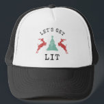 Funny LET'S GET LIT Christmas Alcohol Drinking Trucker Hat<br><div class="desc">Funny Trendy Distressed Let's get Lit design with retro vintage jumping reindeer and Christmas tree for all those who like their Holidays served with a side of alcohol.</div>
