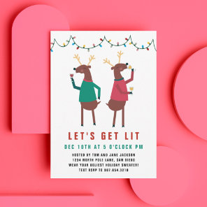 Funny Let's Get Lit Wine Drinking Reindeer Invitation