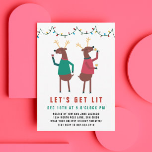 Funny Let's Get Lit Wine Drinking Reindeer Invitation