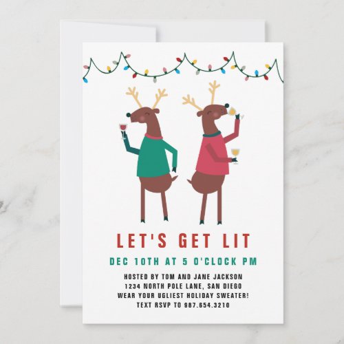 Funny Lets Get Lit Wine Drinking Reindeer Invitation