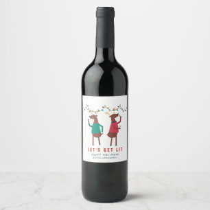 Funny Let's Get Lit Wine Drinking Reindeer Square Label