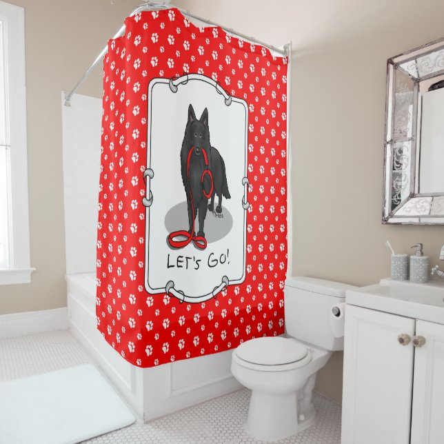 Funny Let's Go! Walk Belgian Sheepdog (black 1) Shower Curtain (In Situ)