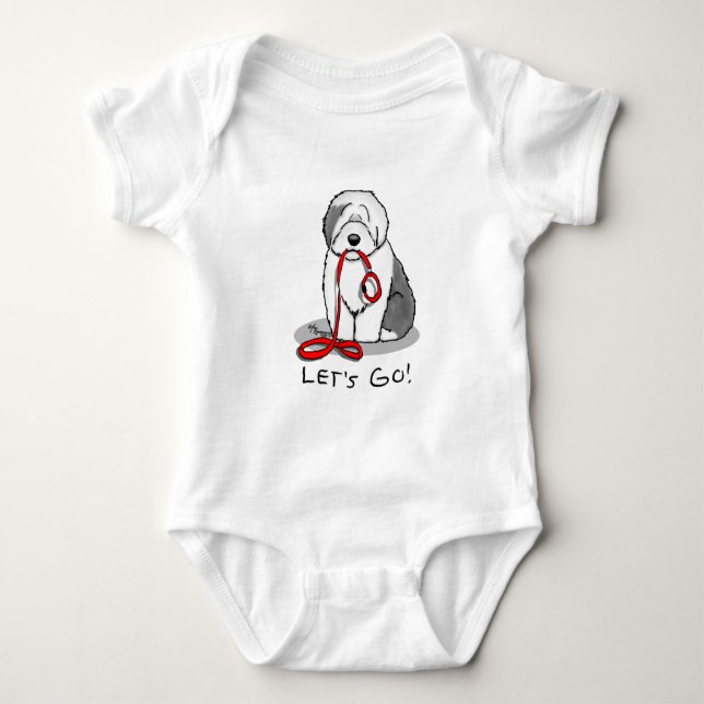 Funny Let's Go! Walk Old English Sheepdog (Gray 1) Baby Bodysuit (Front)