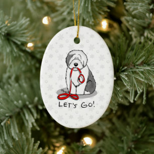 Funny Let's Go! Walk Old English Sheepdog (Gray 1) Ceramic Ornament