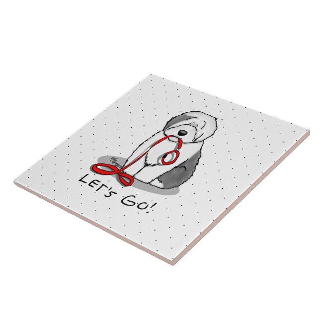 Funny Let's Go! Walk Old English Sheepdog (Gray 1) Ceramic Tile (Side)
