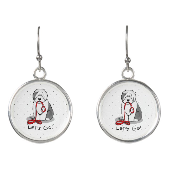 Funny Let's Go! Walk Old English Sheepdog (Gray 1) Earrings (Front)