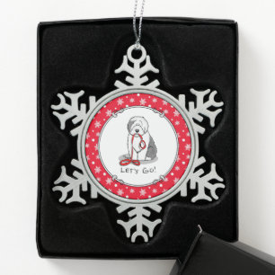 Funny Let's Go! Walk Old English Sheepdog (Gray 1) Snowflake Pewter Christmas Ornament