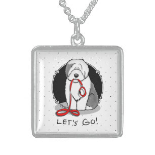 Funny Let's Go! Walk Old English Sheepdog (Gray 1) Sterling Silver Necklace