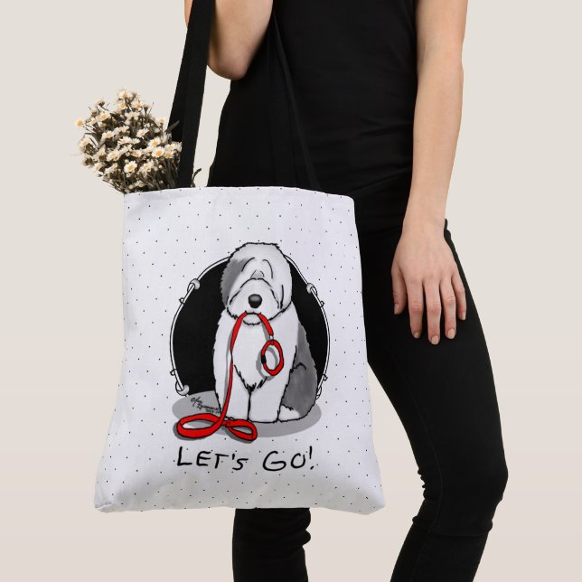 Funny Let's Go! Walk Old English Sheepdog (Gray 1) Tote Bag (Close Up)