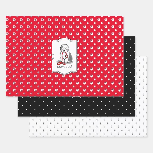 Funny Let's Go! Walk Old English Sheepdog (Gray 1) Wrapping Paper Sheets (Set)