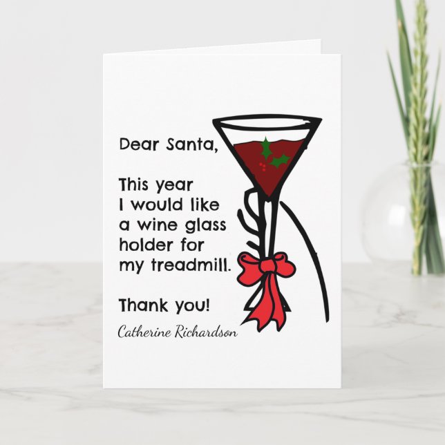 Funny Letter To Santa Treadmill Wine Glass Holder Holiday Card (Front)