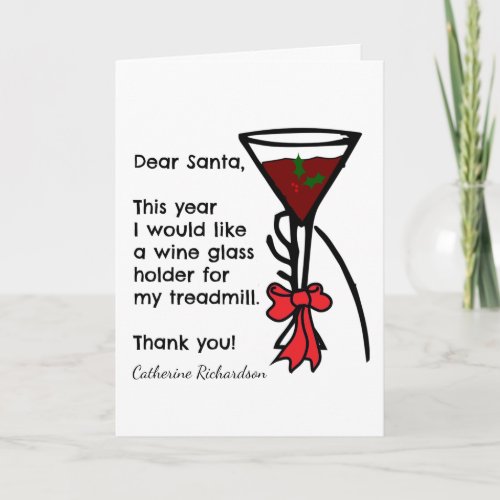 Funny Letter To Santa Treadmill Wine Glass Holder Holiday Card