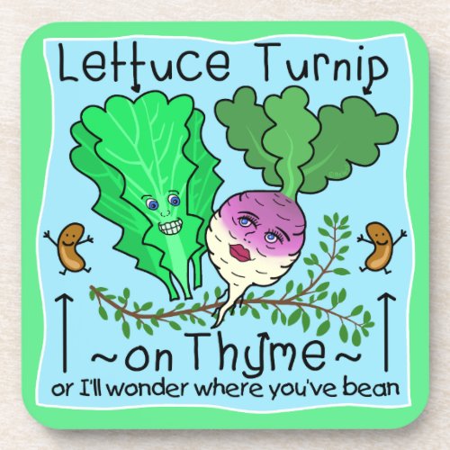 Funny Lettuce Turnip Thyme Vegetable Pun Cartoon Beverage Coaster