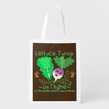 Funny Lettuce Turnip Thyme Vegetable Pun Cartoon Reusable Grocery Bag by HaHaHolidays at Zazzle