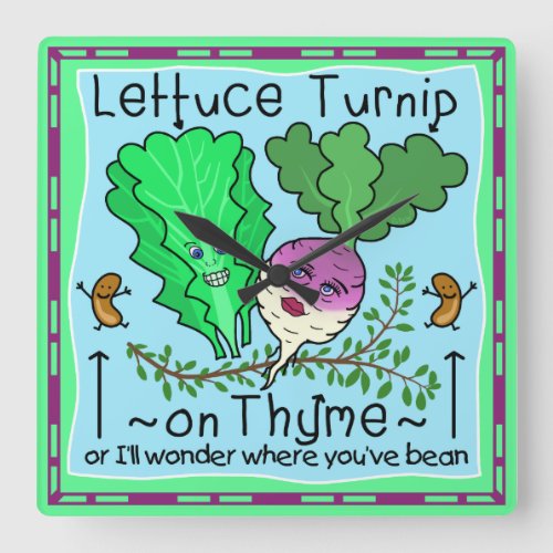 Funny Lettuce Turnip Thyme Vegetable Pun Cartoon Square Wall Clock