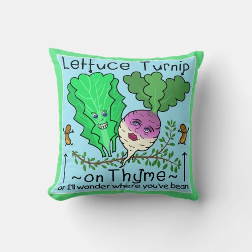 Funny Lettuce Turnip Thyme Vegetable Pun Cartoon Throw Pillow