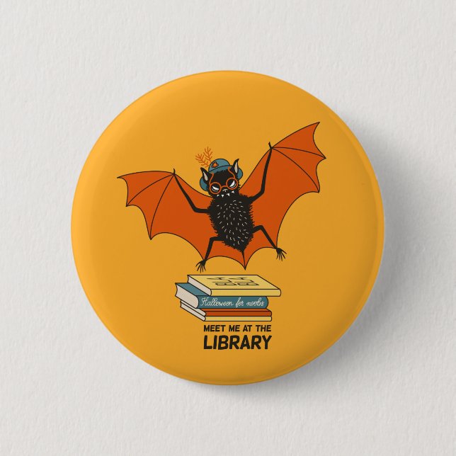 Funny librarian teacher bat book lover button (Front)