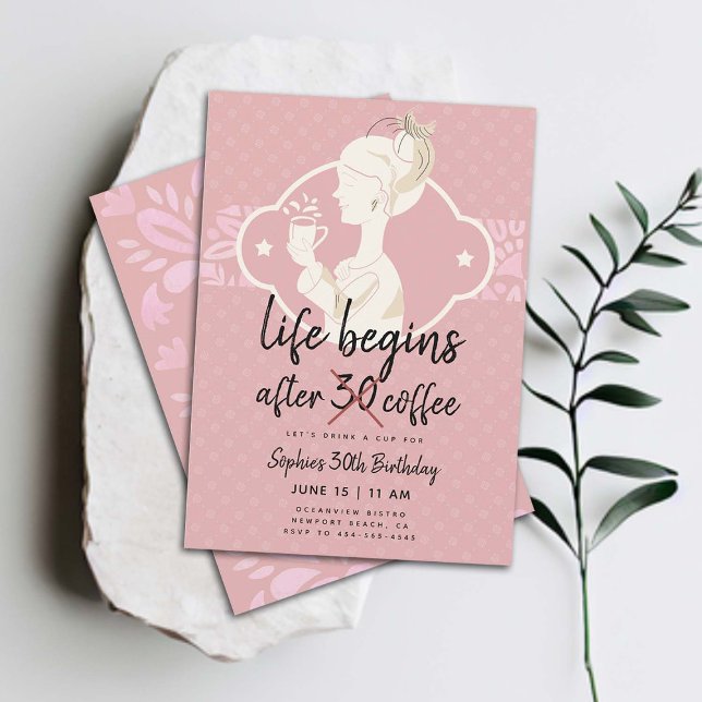 Funny Life Begins After Coffee 30th Birthday Party Invitation (funny 30th birthday party invitation for women life begins after 30 coffee party joke elegant classy)