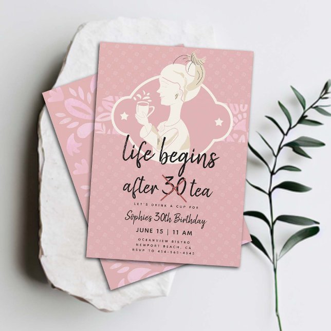 Funny Life Begins After Tea 30th Birthday Party Invitation (funny 30th birthday invitation for women tea party life begins after tea joke elegant classy fun)