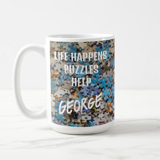 Funny Life Happens Puzzles Help Coffee Mug (Left)