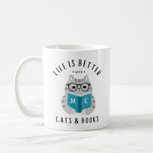 Funny Life is Better with Cats and Books Monogram Coffee Mug
