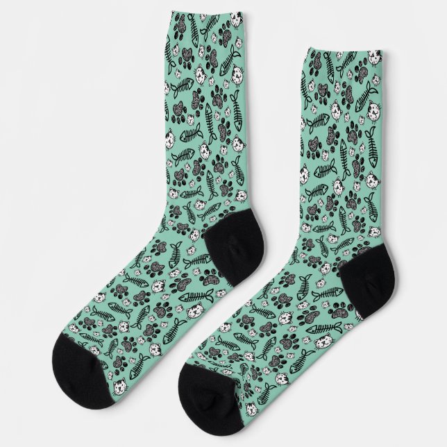 Funny Light Blue Black and White Cats Drawing Socks (Left)