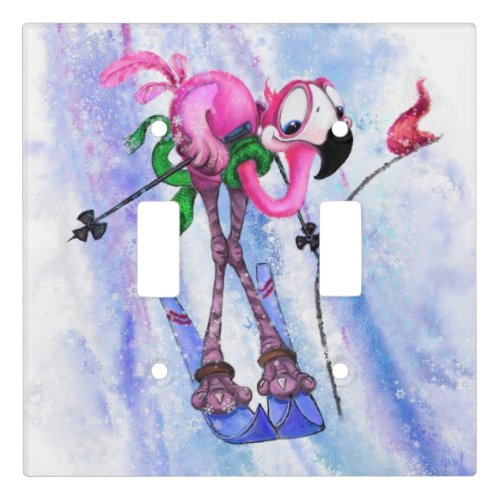 Funny Light Switch Cover Pink Flamingo Skier 