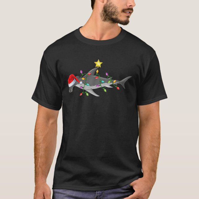 Funny Lighting Xmas Tree Matching Hammerhead Shark T-Shirt (Front)