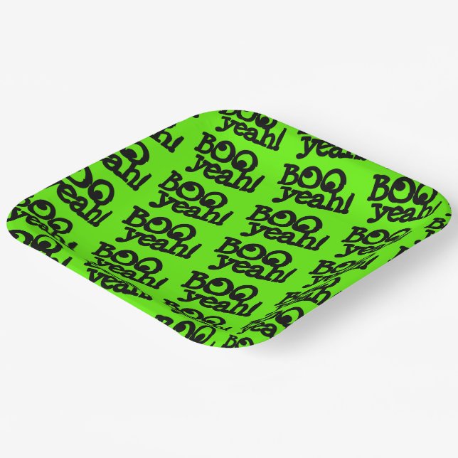 Funny Lime Green Booyeah! Crossed Eyes Halloween Paper Plates (Angled)