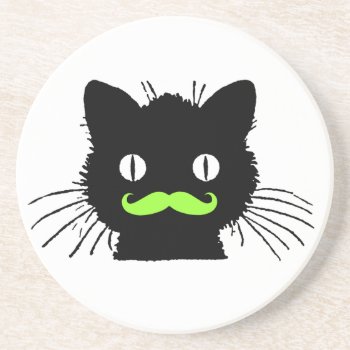 Funny Lime Green Mustache Vintage Black Cat Coaster by MovieFun at Zazzle
