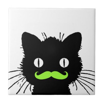 Funny Lime Green Mustache Vintage Black Cat Tile by MovieFun at Zazzle