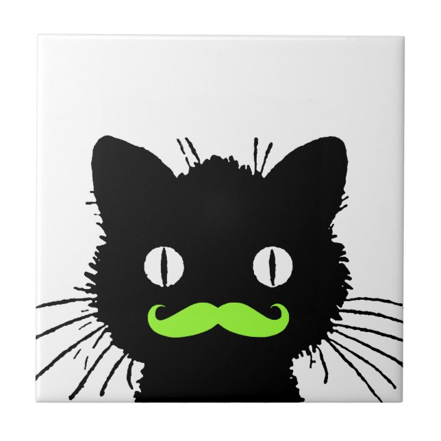 FUNNY LIME GREEN MUSTACHE VINTAGE BLACK CAT TILE (Front)