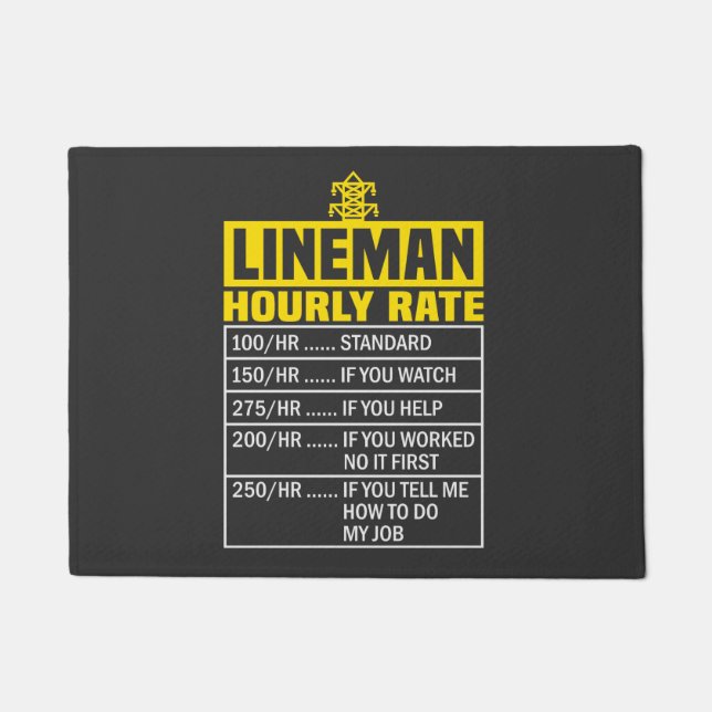 Funny Lineman Hourly Rate Black Door Mat (Front)