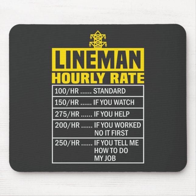 Funny Lineman Hourly Rate Black Mousepad (Front)
