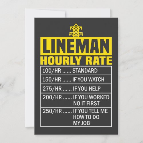 Funny Lineman Hourly Rate Invitation Card