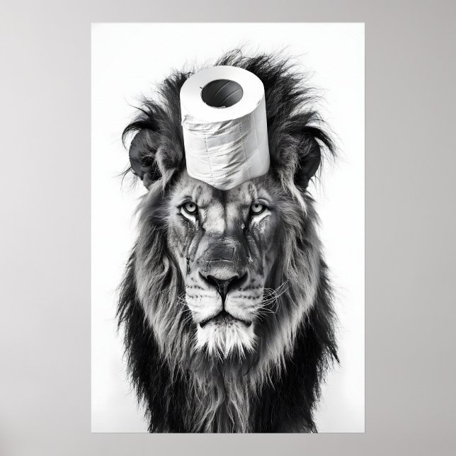 Funny Lion Bathroom Art Print, Toilet Paper Roll Poster (Front)