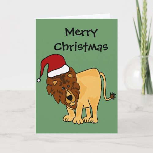 Funny Lion in Santa Hat Christmas Cartoon Holiday Card