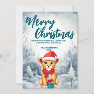 Funny Lion Merry Xmas tree snow Holiday party Card