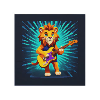 Funny Lion Playing Guitar Wood Wall Art
