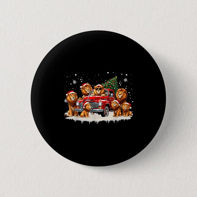 Funny Lion Riding Christmas Tree Truck Christmas  Button (Front)