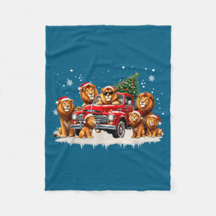 Funny Lion Riding Christmas Tree Truck Christmas Fleece Blanket