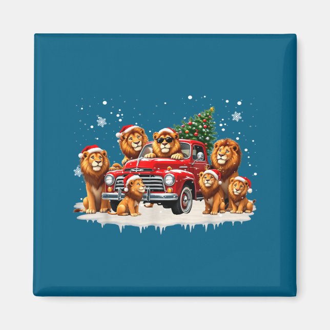 Funny Lion Riding Christmas Tree Truck Christmas  Magnet (Front)