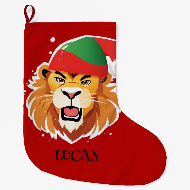 Funny Lion Safari animals Santa Christmas Costume  Large Christmas Stocking (Front)