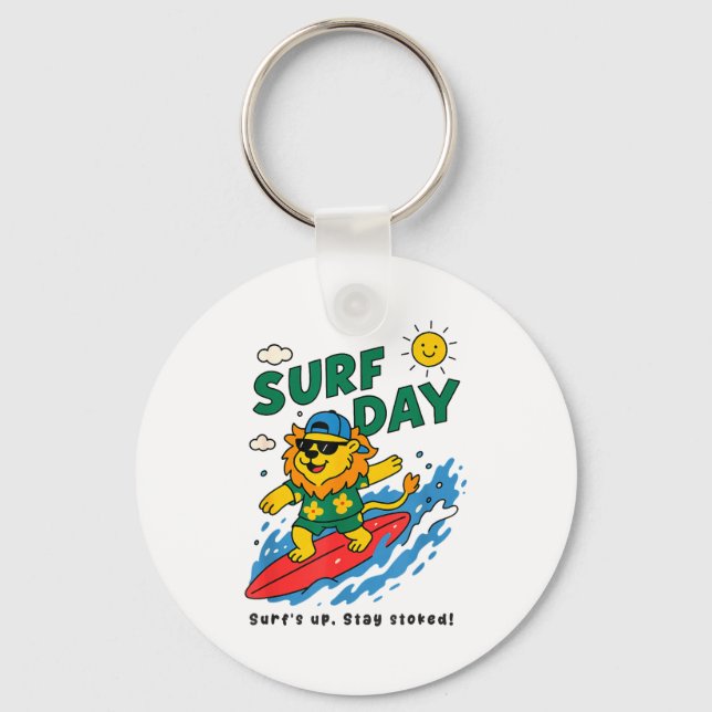 Funny Lion Surfing Summer Vacation Surf Day Boys G Keychain (Front)