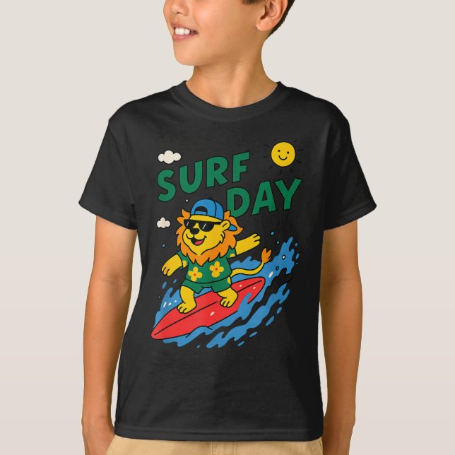 Funny Lion Surfing Summer Vacation Surf Day Boys G T-Shirt (Front)