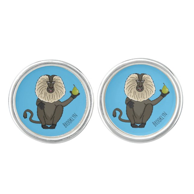 Funny lion tailed macaque monkey cartoon  cufflinks (Front)
