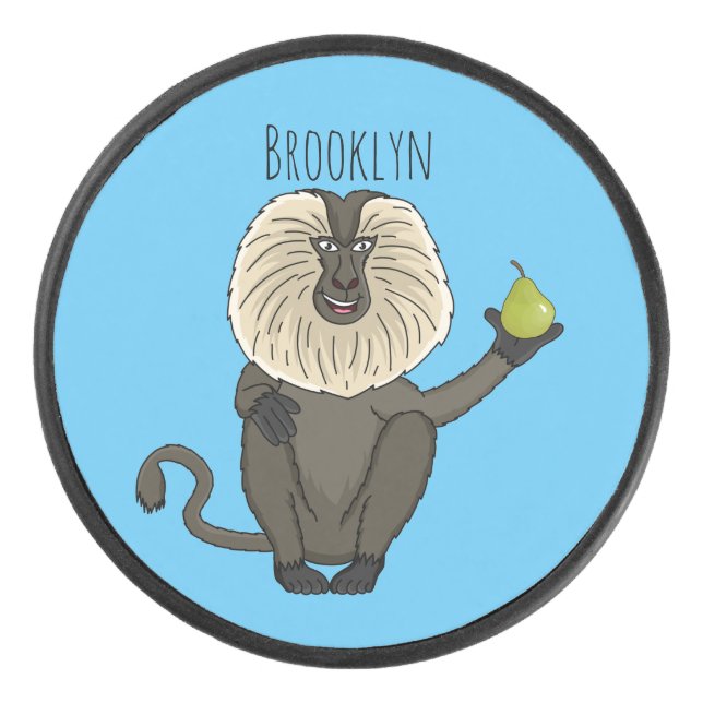 Funny lion tailed macaque monkey cartoon hockey puck (Front)
