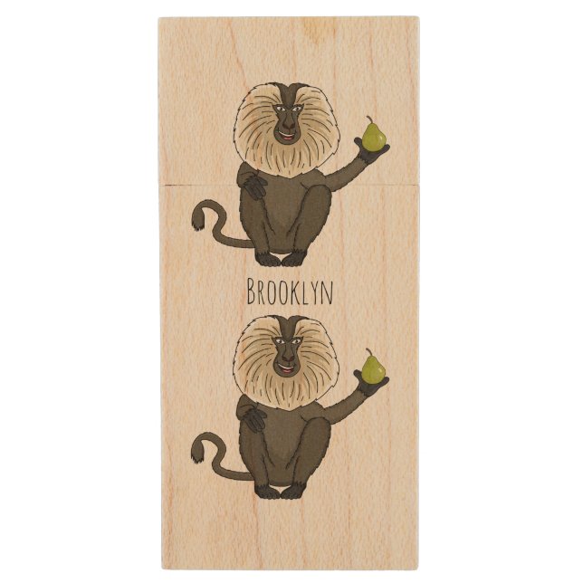 Funny lion tailed macaque monkey cartoon  wood flash drive (Front Vertical)