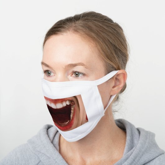 Funny lips smile teeth laughing scream photo white cotton face mask (Angled)