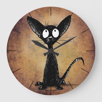 Funny Little Black Cat Large Clock by StrangeStore at Zazzle